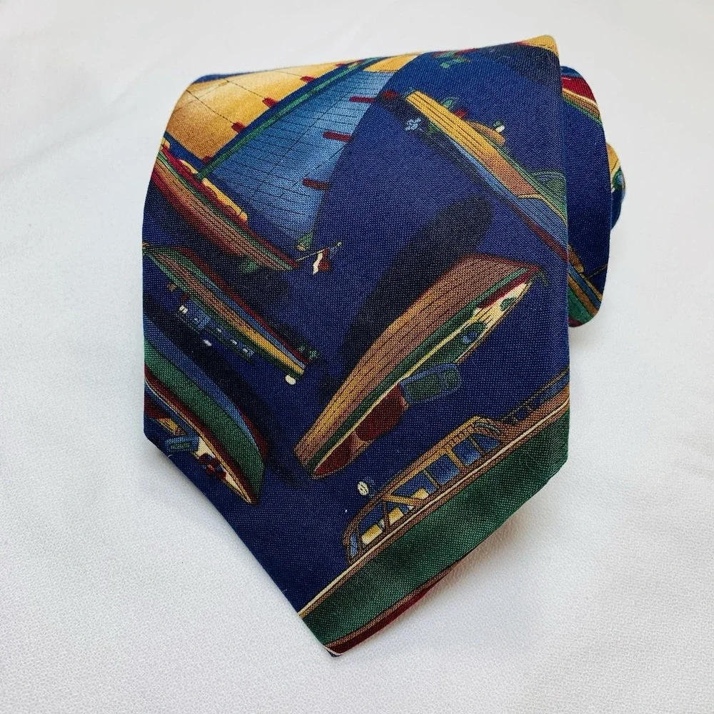 Brite Ties Antique Wooden Boats Sailing Theme Mens VTG Cotton 60x3.75